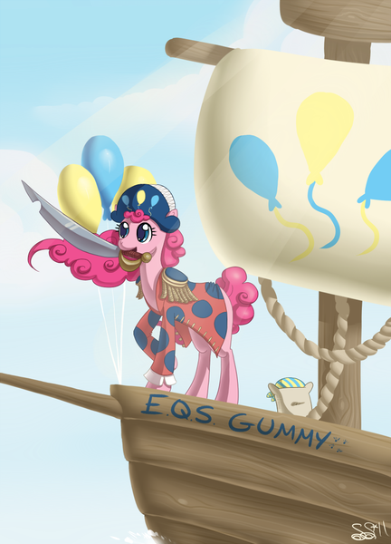 Size: 753x1045 | Tagged: safe, artist:alipes, derpibooru import, madame le flour, pinkie pie, earth pony, pony, balloon, bicorne, female, hat, hilarious in hindsight, mare, mouth hold, pirate, ship, sword, weapon