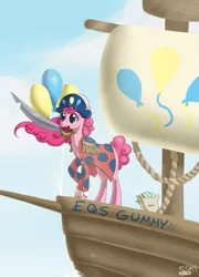 Size: 753x1045 | Tagged: safe, artist:alipes, derpibooru import, madame le flour, pinkie pie, earth pony, pony, balloon, bicorne, female, hat, hilarious in hindsight, mare, mouth hold, pirate, ship, sword, weapon