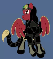 Size: 1024x1145 | Tagged: safe, artist:irkengeneral, derpibooru import, oc, unofficial characters only, pegasus, pony, fallout equestria, armor, augmented tail, goggles, gothic apple, simple background, solo