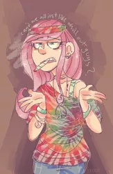 Size: 489x750 | Tagged: abstract background, artist:steeve, cigar, clothes, derpibooru import, drugs, ear piercing, earring, female, fluttershy, hippie, hippieshy, human, humanized, jewelry, off shoulder, peace sign, piercing, safe, smoking, solo