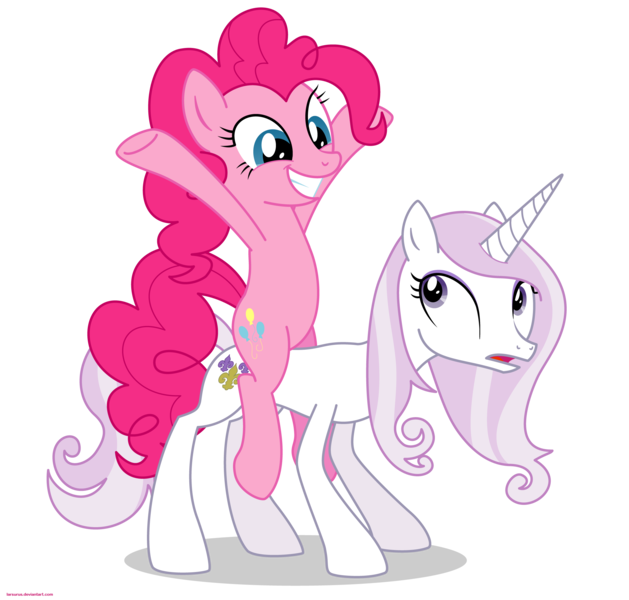 Size: 2200x2100 | Tagged: safe, artist:larsurus, derpibooru import, part of a set, fleur-de-lis, pinkie pie, earth pony, pony, unicorn, confused, duo, duo female, female, grin, high res, mare, part of a series, ponies riding ponies, riding, simple background, smiling, solo, transparent background, vector