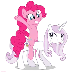 Size: 2200x2100 | Tagged: safe, artist:larsurus, derpibooru import, part of a set, fleur-de-lis, pinkie pie, earth pony, pony, unicorn, confused, duo, duo female, female, grin, high res, mare, part of a series, ponies riding ponies, riding, simple background, smiling, solo, transparent background, vector