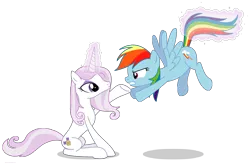 Size: 4221x2793 | Tagged: safe, artist:larsurus, derpibooru import, part of a set, fleur-de-lis, rainbow dash, pegasus, pony, unicorn, annoyed, duo, duo female, female, glowing horn, levitation, magic, mare, part of a series, pouting, simple background, sitting, tail, tail pull, telekinesis, transparent background, vector