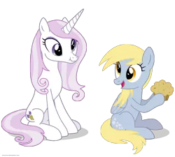Size: 3500x3148 | Tagged: safe, artist:larsurus, derpibooru import, part of a set, derpy hooves, fleur-de-lis, pegasus, pony, unicorn, derp, duo, duo female, female, high res, mare, muffin, part of a series, scrunchy face, simple background, sitting, transparent background, vector