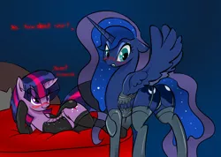 Size: 2880x2052 | Tagged: suggestive, artist:zev, derpibooru import, princess luna, twilight sparkle, alicorn, pony, unicorn, bed, bedroom eyes, blue eyeshadow, blushing, clothes, corset, dialogue, duo, duo female, evening gloves, eyeshadow, female, floppy ears, garter belt, gloves, high res, image, latex, latex corset, latex gloves, latex stockings, lesbian, lingerie, long gloves, looking at someone, looking away, makeup, mare, panties, plot, png, purple eyeshadow, shipping, shy, side, stockings, thong, twidom, twiluna, underwear