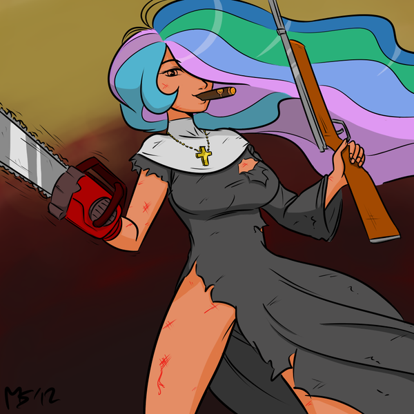 Size: 962x962 | Tagged: artist:ashesg, artist:megasweet, chainsaw, cigar, cross, derpibooru import, evil dead, female, gradient background, gun, habit, hair over one eye, human, humanized, nun, nunlestia, princess celestia, safe, shotgun, weapon