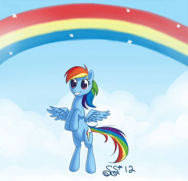 Size: 810x780 | Tagged: safe, artist:alipes, derpibooru import, rainbow dash, pegasus, pony, bipedal, cloud, female, happy, mare, rainbow, rearing, solo