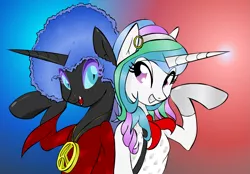 Size: 1275x886 | Tagged: safe, artist:zev, derpibooru import, nightmare moon, princess celestia, alicorn, pony, 70s, afro, alternate hairstyle, clothes, costume, duo, duo female, earring, female, gloves, gradient background, mare, peace sign, piercing, princess