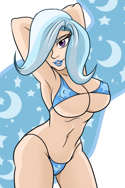 Size: 845x1271 | Tagged: abstract background, arm behind head, armpits, artist:madmax, bikini, blue underwear, breasts, busty trixie, cameltoe, clothes, dead source, derpibooru import, erect nipples, female, hair over one eye, human, human coloration, humanized, nipple outline, ponibooru import, questionable, solo, solo female, swimsuit, trixie, underboob, underwear