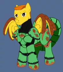 Size: 1024x1169 | Tagged: safe, artist:irkengeneral, derpibooru import, oc, oc:colonel autumn leaf, unofficial characters only, pegasus, pony, fallout equestria, fanfic, armor, enclave armor, fanfic art, grand pegasus enclave, hooves, male, power armor, simple background, solo, stallion, wings
