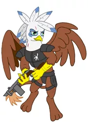 Size: 1024x1412 | Tagged: safe, artist:irkengeneral, derpibooru import, oc, unofficial characters only, gryphon, fallout equestria, armor, bipedal, female, simple background, solo, spread wings, talon merc, talons, white background