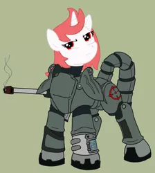 Size: 1024x1141 | Tagged: safe, artist:irkengeneral, derpibooru import, oc, oc:appletart longshot, unofficial characters only, pony, unicorn, fallout equestria, armor, female, mare, simple background, solo, weapon