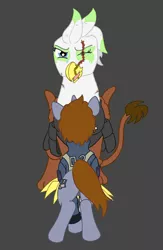 Size: 1024x1575 | Tagged: safe, artist:irkengeneral, derpibooru import, oc, oc:gawdyna grimfeathers, oc:littlepip, unofficial characters only, gryphon, pony, unicorn, fallout equestria, fanfic, armor, clothes, cutie mark, duo, fanfic art, female, gray, gray background, hooves, horn, mare, plot, scar, simple background, vault suit
