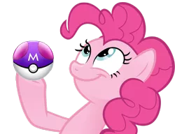 Size: 990x759 | Tagged: safe, derpibooru import, pinkie pie, earth pony, pony, female, look what pinkie found, mare, master ball, meme, pokémon, simple background, smiling, solo, transparent background