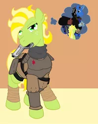 Size: 900x1134 | Tagged: safe, artist:irkengeneral, derpibooru import, oc, unofficial characters only, earth pony, pony, unicorn, fallout equestria, armor, female, handgun, male, mare, mouth hold, solo focus, stallion, thought bubble, weapon