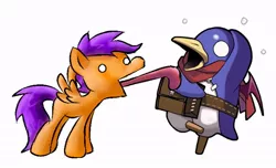 Size: 660x400 | Tagged: artist needed, safe, derpibooru import, scootaloo, pegasus, pony, disgaea, duo, female, filly, hero prinny, licking, long tongue, open mouth, prinny, simple background, spread wings, sweat, sweatdrops, tongue out, white background, white eyes