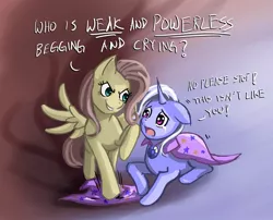 Size: 1050x850 | Tagged: dead source, safe, artist:ninjaham, derpibooru import, fluttershy, trixie, pegasus, pony, unicorn, abuse, acdsee, bullying, crying, discorded, duo, duo female, female, floppy ears, flutterbitch, glare, grin, mare, open mouth, prone, sad, shivering, smirk, stomping, trixiebuse