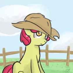 Size: 900x900 | Tagged: safe, artist:speccysy, derpibooru import, apple bloom, earth pony, pony, colored pupils, female, fence, filly, hat, sitting, solo