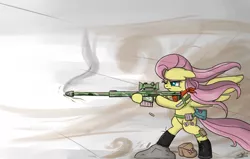 Size: 1906x1210 | Tagged: dead source, safe, artist:speccysy, derpibooru import, fluttershy, pegasus, pony, bag, barrett, bipedal, boots, clothes, female, floppy ears, flutterbadass, gun, hooves, mare, one eye closed, optical sight, rifle, rock, smoking, sniper rifle, snipershy, solo, spread wings, weapon, wings