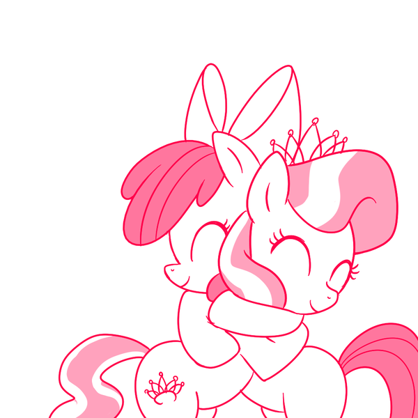 Size: 1000x1000 | Tagged: safe, artist:madmax, derpibooru import, apple bloom, diamond tiara, earth pony, pony, adorabloom, cute, duo, duo female, eyes closed, female, filly, hug, monochrome, simple background, tiaralove, white background