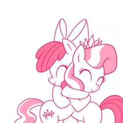 Size: 1000x1000 | Tagged: safe, artist:madmax, derpibooru import, apple bloom, diamond tiara, earth pony, pony, adorabloom, cute, duo, duo female, eyes closed, female, filly, hug, monochrome, simple background, tiaralove, white background