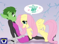 Size: 900x675 | Tagged: suggestive, artist:blueserenity, derpibooru import, fluttershy, pegasus, pony, beast boy, crossover, crossover shipping, female, heart, implied sex, male, mare, shipping, straight, teen titans