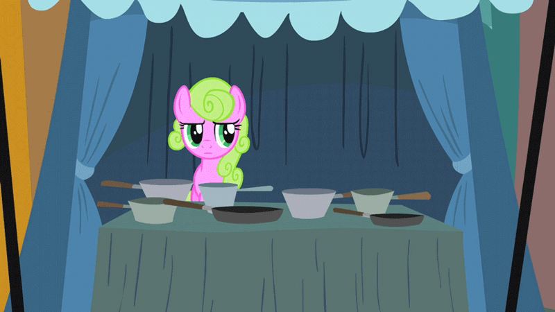 Size: 853x480 | Tagged: dead source, source needed, useless source url, safe, derpibooru import, screencap, daisy, flower wishes, earth pony, pony, family appreciation day, animated, behold, female, funny, funny as hell, gif, mare, mood swing, pans, pots, retail, saucepan, selling, solo, tent, unintentionally hilarious