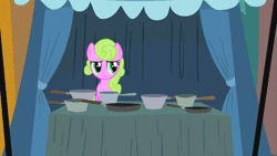 Size: 853x480 | Tagged: dead source, source needed, useless source url, safe, derpibooru import, screencap, daisy, flower wishes, earth pony, pony, family appreciation day, animated, behold, female, funny, funny as hell, gif, mare, mood swing, pans, pots, retail, saucepan, selling, solo, tent, unintentionally hilarious