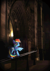 Size: 567x816 | Tagged: safe, artist:twodeepony, derpibooru import, rainbow dash, pegasus, pony, animated, cathedral, cinemagraph, female, flickering lights, gif, irl, mare, photo, ponies in real life, railing, solo