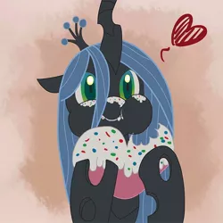 Size: 700x700 | Tagged: safe, artist:ecmajor, derpibooru import, queen chrysalis, changeling, changeling queen, cute, cutealis, eating, female, floppy ears, frosting, gradient background, heart, image, jpeg, puffy cheeks, solo