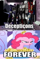 Size: 601x876 | Tagged: safe, derpibooru import, edit, edited screencap, screencap, pinkie pie, earth pony, pony, green isn't your color, decepticon, female, floppy ears, forever, mare, megatron, soundwave, starscream, transformers