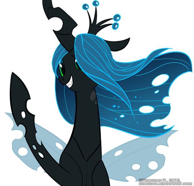 Size: 900x866 | Tagged: dead source, safe, artist:krossan, derpibooru import, queen chrysalis, changeling, changeling queen, deviantart link, female, image, png, raised hoof, signature, simple background, smiling, solo, transparent background, wind, windswept mane