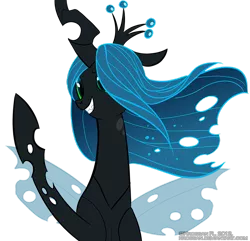 Size: 900x866 | Tagged: dead source, safe, artist:krossan, derpibooru import, queen chrysalis, changeling, changeling queen, deviantart link, female, image, png, raised hoof, signature, simple background, smiling, solo, transparent background, wind, windswept mane