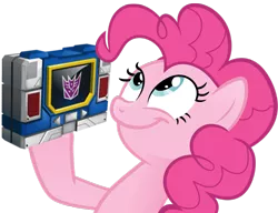 Size: 990x759 | Tagged: safe, derpibooru import, pinkie pie, earth pony, pony, duo, female, look what pinkie found, mare, meme, simple background, smiling, soundwave, transformers, transparent background