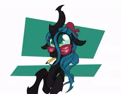 Size: 771x597 | Tagged: safe, artist:nikkuwalkanov, derpibooru import, queen chrysalis, changeling, changeling queen, abstract background, adorkable, bust, cute, cutealis, dork, dorkalis, female, floppy ears, glasses, image, jpeg, looking up, mouth hold, pencil, solo