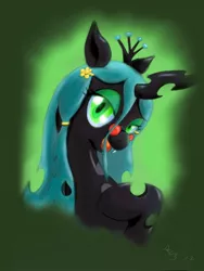 Size: 768x1024 | Tagged: safe, artist:a8702131, derpibooru import, queen chrysalis, changeling, changeling queen, bust, fangs, female, flower, flower in hair, glasses, gradient background, hairpin, hippie, image, jpeg, lidded eyes, looking at you, open mouth, raised hoof, signature, solo