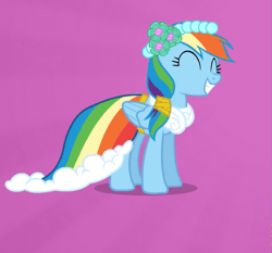 Size: 645x600 | Tagged: safe, artist:rainbowxrarity, derpibooru import, part of a set, rainbow dash, pegasus, pony, animated, bridesmaid dress, clothes, cute, dancing, dashabetes, dress, eyes closed, female, gif, hair tie, happy, mare, simple background, solo