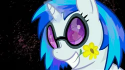 Size: 4859x2733 | Tagged: safe, artist:minimoose772, derpibooru import, vinyl scratch, pony, unicorn, female, flower, flower in mouth, glowing horn, mare, mouth hold, photoshop, solo, sunglasses, wallpaper