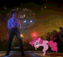 Size: 350x320 | Tagged: safe, derpibooru import, pinkie pie, earth pony, human, pony, animated, artifact, crossover, dancing, female, gif, human male, irl, john travolta, male, mare, saturday night fever, tongue out