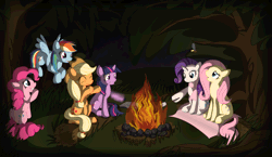 Size: 1100x637 | Tagged: safe, artist:twodeepony, derpibooru import, applejack, fluttershy, pinkie pie, rainbow dash, rarity, twilight sparkle, earth pony, firefly (insect), pegasus, pony, unicorn, animated, book, burning, campfire, camping, clothes, female, food, forest, gif, mane six, mare, marshmallow, mouth hold, night, scarf, sitting, smiling