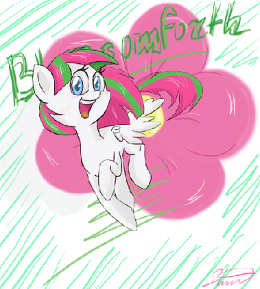 Size: 379x421 | Tagged: safe, artist:silbersternenlicht, derpibooru import, blossomforth, pegasus, pony, cutie mark background, female, mare, open mouth, running, smiling, solo