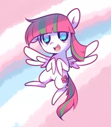 Size: 540x616 | Tagged: safe, artist:pekou, derpibooru import, blossomforth, pegasus, pony, female, flying, mare, open mouth, smiling, solo, spread wings, wings