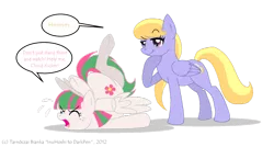 Size: 800x430 | Tagged: suggestive, artist:inuhoshi-to-darkpen, derpibooru import, blossomforth, cloud kicker, pegasus, pony, fanfic, fanfic:the life and times of a winning pony, winningverse, backbend, contortionist, duo, duo female, eyes closed, eyes on the prize, fanfic art, female, flexible, mare, open mouth, raised eyebrow, simple background, smiling, smirk, speech bubble, stuck, sweat, transparent background, underhoof