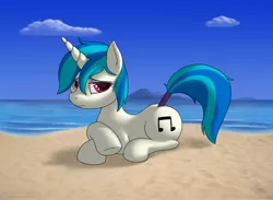 Size: 2500x1833 | Tagged: safe, artist:skipsy, derpibooru import, vinyl scratch, pony, unicorn, beach, crossed hooves, female, mare, prone, solo, tail wrap