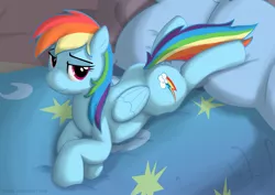 Size: 1436x1019 | Tagged: safe, artist:skipsy, derpibooru import, rainbow dash, pegasus, pony, bed, bedroom eyes, female, lying down, mare, pillow, plump, prone, solo