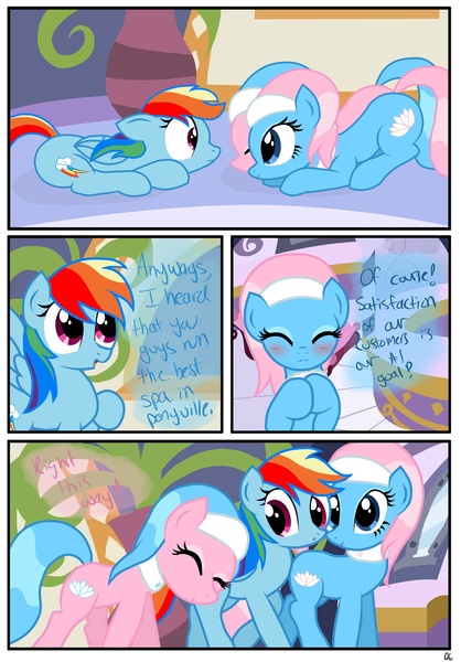 Size: 1741x2500 | Tagged: safe, artist:pyruvate, derpibooru import, aloe, lotus blossom, rainbow dash, earth pony, pegasus, pony, comic:the usual, :3, :o, blushing, comic, cute, eyes closed, female, floppy ears, mare, open mouth, ponyville spa, prone, pushing, smiling, spa, spread wings, wide eyes