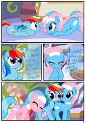 Size: 1741x2500 | Tagged: safe, artist:pyruvate, derpibooru import, aloe, lotus blossom, rainbow dash, earth pony, pegasus, pony, comic:the usual, :3, :o, blushing, comic, cute, eyes closed, female, floppy ears, mare, open mouth, ponyville spa, prone, pushing, smiling, spa, spread wings, wide eyes