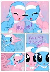 Size: 1741x2500 | Tagged: safe, artist:pyruvate, derpibooru import, aloe, lotus blossom, earth pony, pony, comic:the usual, comic, cute, duo, duo female, eyes closed, female, mare, open mouth, spa twins, spaww twins