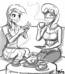 Size: 735x840 | Tagged: artist:johnjoseco, blushing, breasts, derpibooru import, duo, duo female, female, food, grayscale, hand gesture, human, humanized, junebug, monochrome, roseluck, safe, sitting, tea, teapot