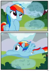 Size: 1741x2500 | Tagged: safe, artist:pyruvate, derpibooru import, rainbow dash, pegasus, pony, comic:the usual, comic, female, flying, mare, ponyville, solo